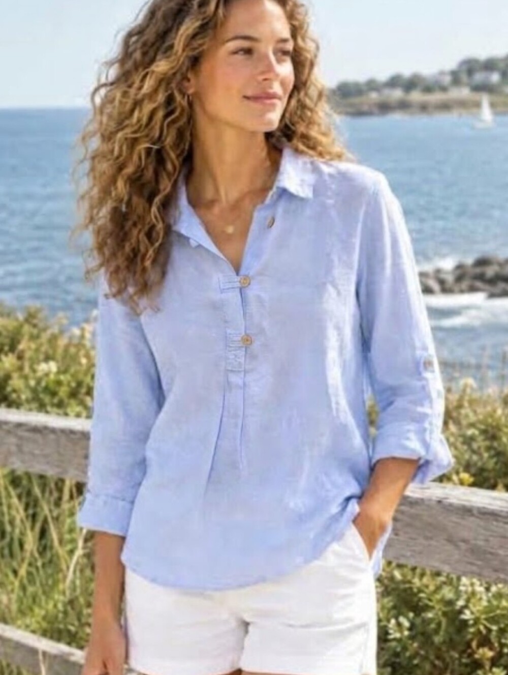 Sigrid Olsen 100% Linen Top Popover Small Blue